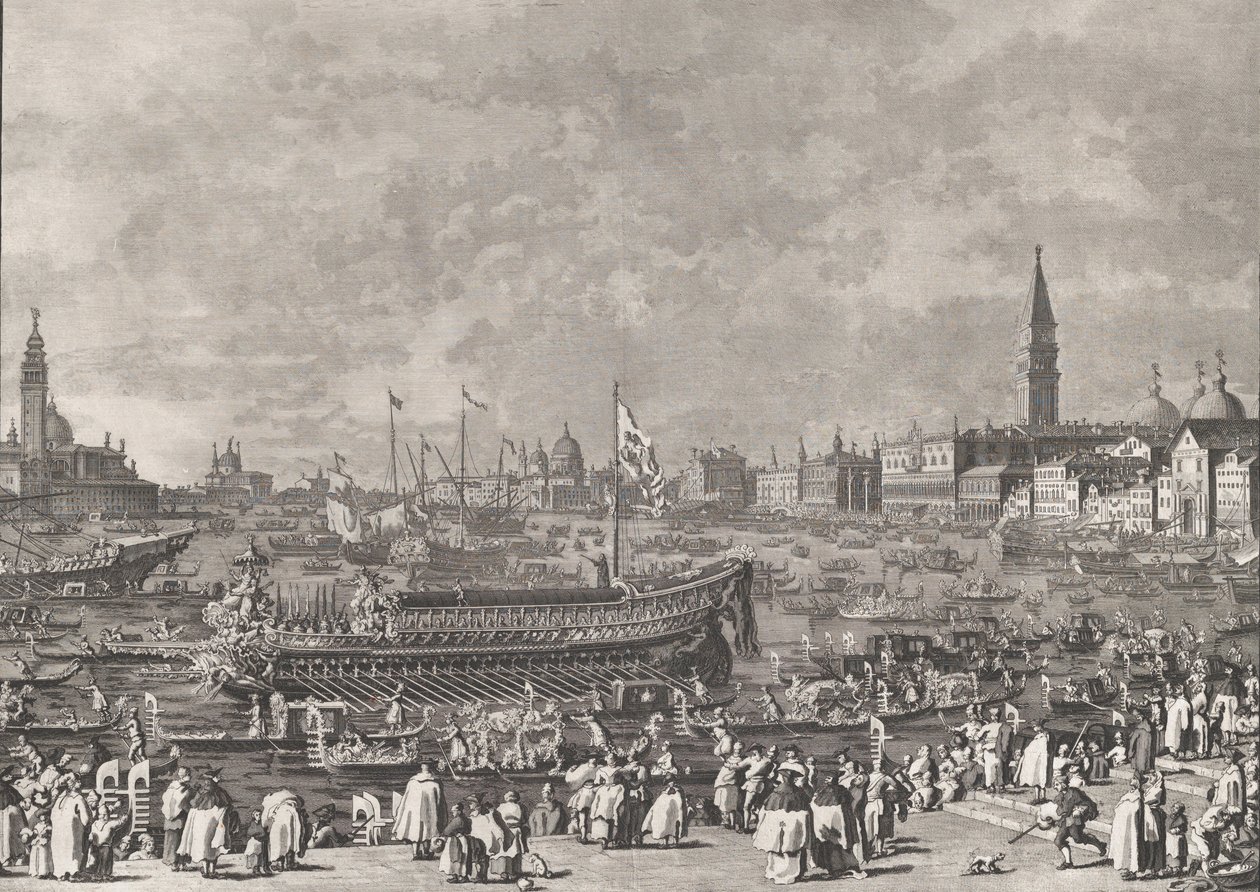 Ilustracja 5: Doża w Bucintoro Wyjazd do Porto di Lido w dniu Wniebowstąpienia, f..., ok. godz. 1766. autorstwa Giovanni Battista Brostoloni