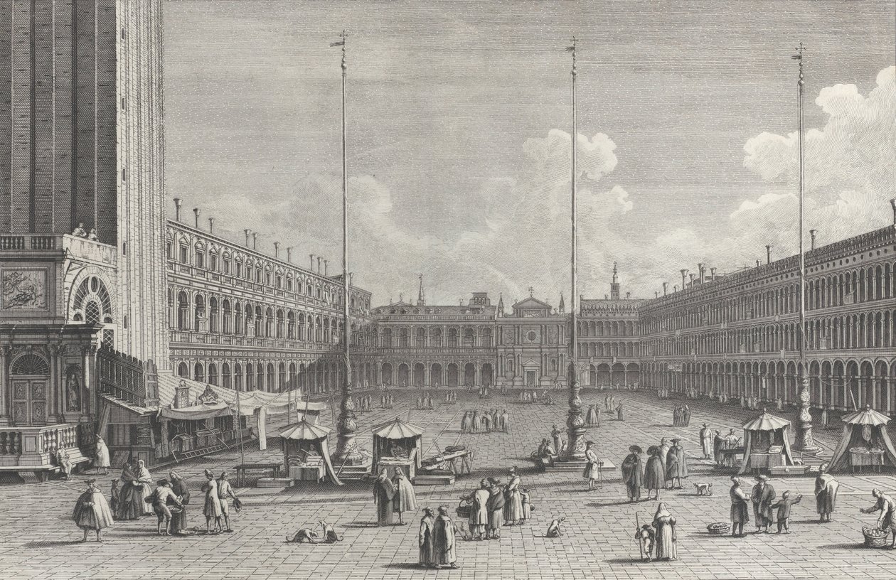 Widok na Piazza San Marco, z kościołem San Geminiano na drugim końcu oraz figurami i..., 1763. autorstwa Giovanni Battista Brostoloni