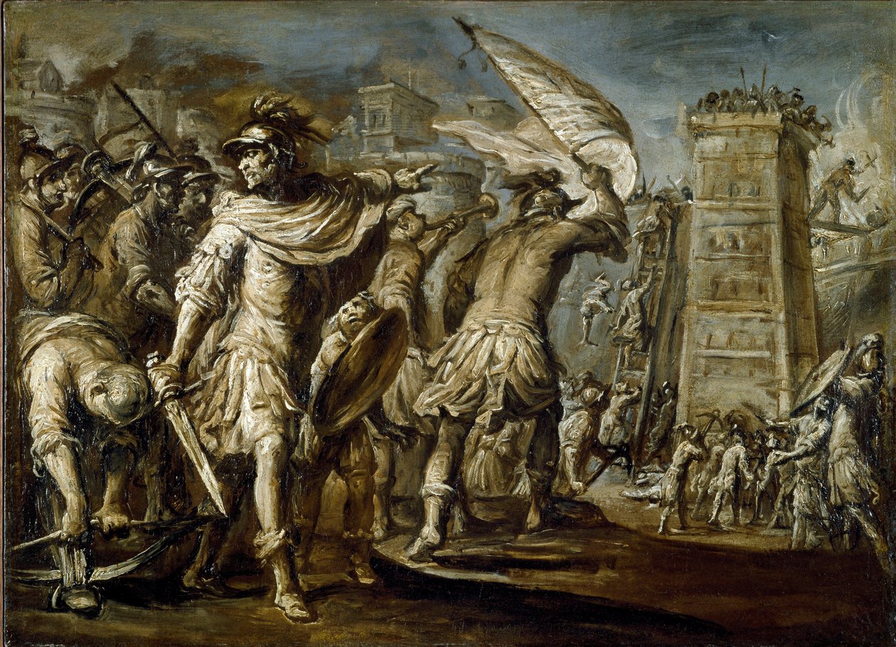 Pierwsza krucjata: „”The Genoa condottiero Guglielmo Embriaco podczas zdobywania Jerozolimy”” To z niej pochodzi wieża szturmowa wykonana z lasów statków Genui. Obraz monochromatyczny Giovanniego Battisty Carlone autorstwa Giovanni Battista Carlone