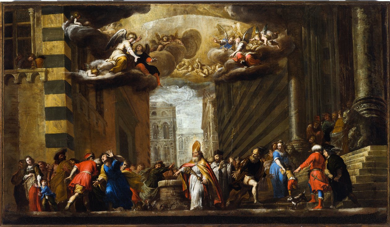San Siro zdobywa bazyliszka, Szkic do kościoła San Siro w Genui, ok. 1683 (olej na płótnie) autorstwa Giovanni Battista Carlone