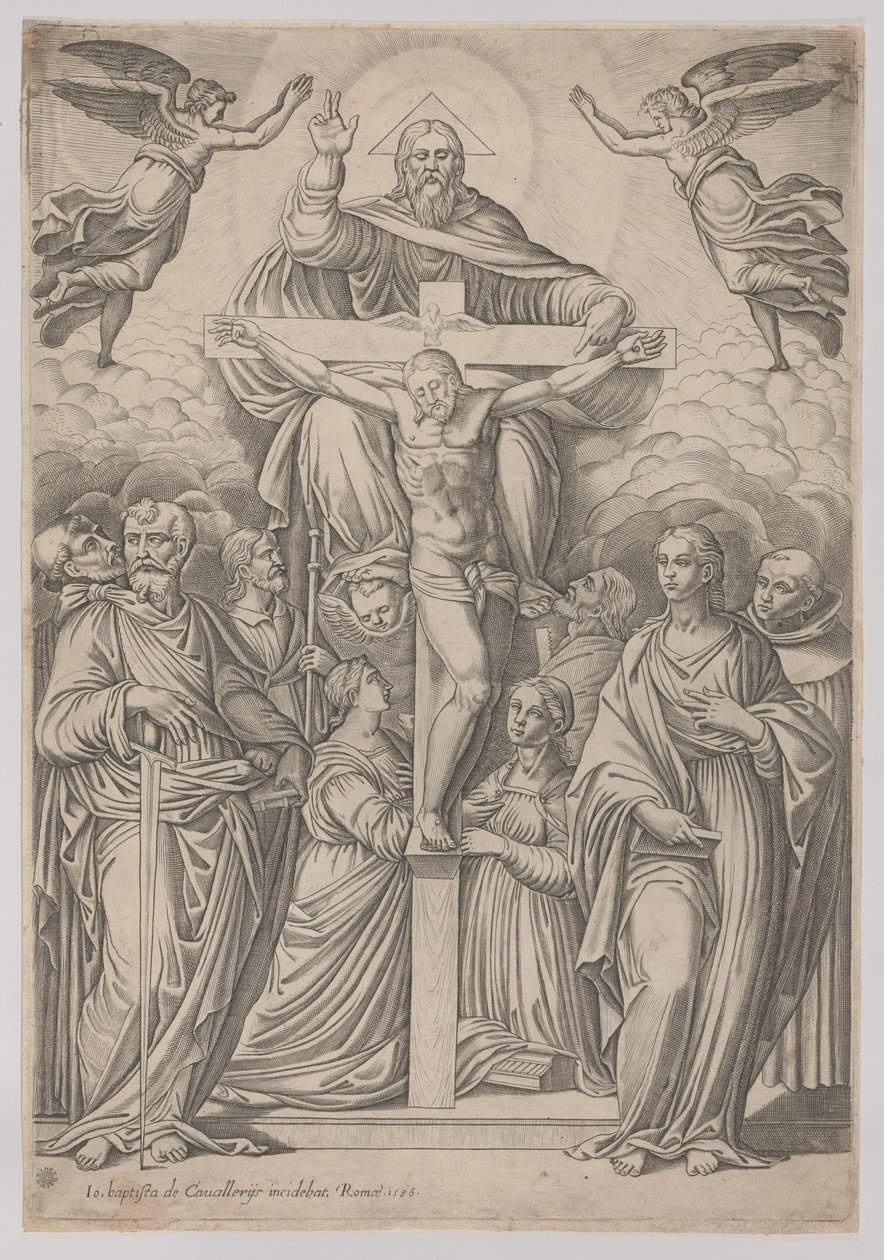 Trójca z ukrzyżowaniem w centrum i świętymi po obu stronach, 1586. autorstwa Giovanni Battista Cavalieri