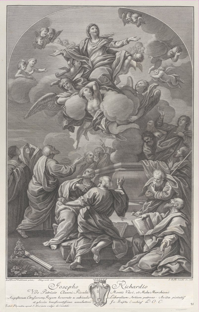 Wniebowzięcie Najświętszej Maryi Panny, która wznosi się z grobu otoczonego przez Apostołów, 1778 r. autorstwa Giovanni Battista Cecchi