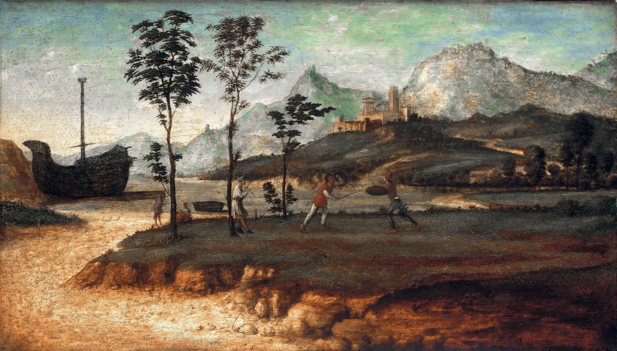 Pejzaż nadbrzeżny z dwoma walczącymi mężczyznami, ok. godz. 1510 autorstwa Giovanni Battista Cima da Conegliano