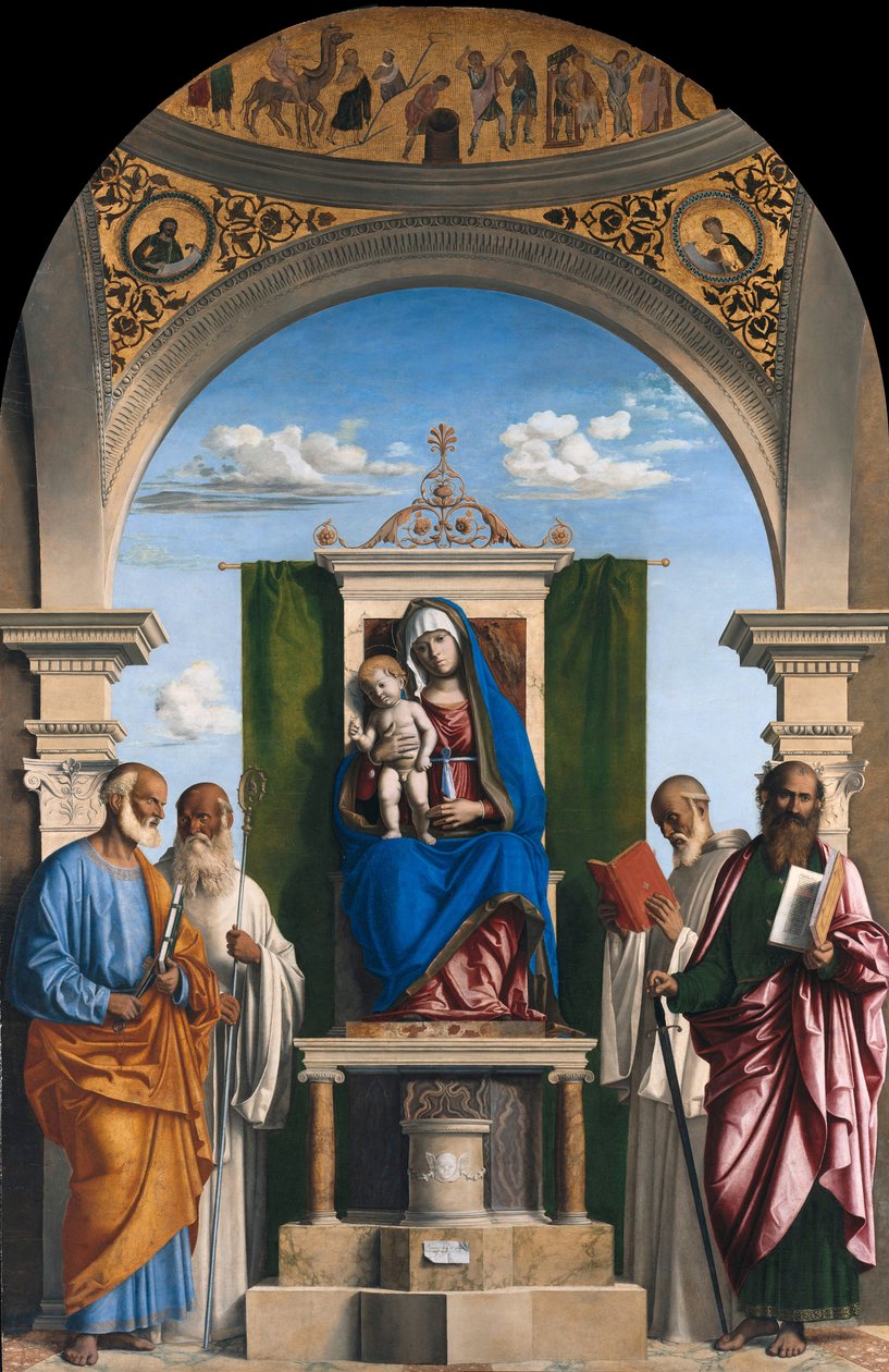 Intronizowana Madonna z Dzieciątkiem i świętymi Piotrem, Romualdem, Benedyktem i Pawłem, ok. 1595 autorstwa Giovanni Battista Cima da Conegliano