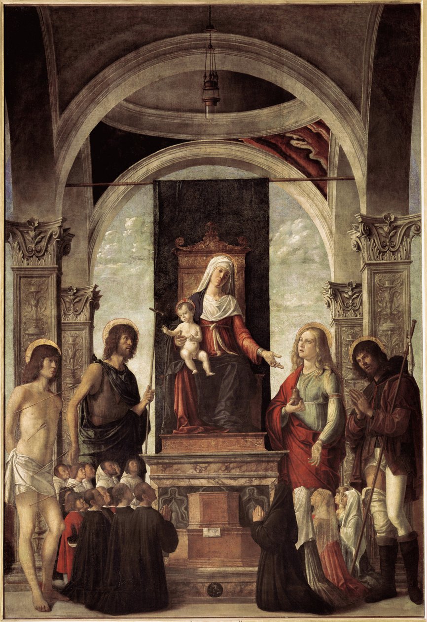 Święta rozmowa, dziewica z dzieckiem w otoczeniu św. Jana Chrzciciela, św. Sebastiana, św. Rocha, św. Marii Magdaleny (olej na płótnie, ok. 1487-1488) autorstwa Giovanni Battista Cima da Conegliano