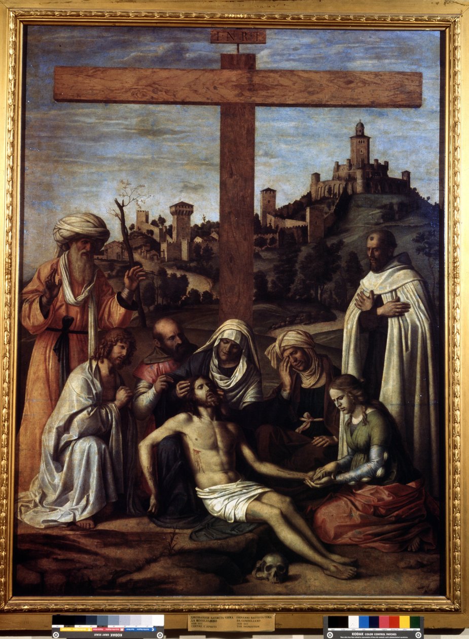 "Osadzanie" Napis "INRI" na krzyżu. Obraz Giovanniego Battisty Cima da Conegliano (ok. 1459-1517) XVI wiek Wymiary 199x148 cm Muzeum Puszkina, Moskwa autorstwa Giovanni Battista Cima da Conegliano