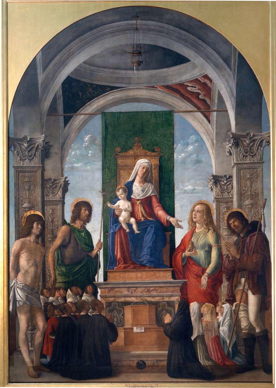 Madonna z Dzieciątkiem na tronie ze św. Sebastianem, św. Janem Chrzcicielem, św. Marią Magdaleną, św. Rochem i członkami Bractwa San Giovanni Evangelista autorstwa Giovanni Battista Cima da Conegliano