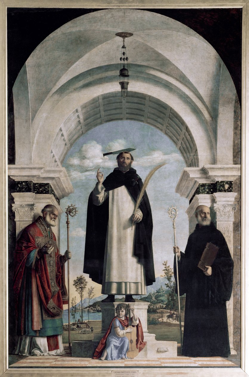 Św. Piotr z Werony ze św. Mikołajem i św. Benedyktem z aniołem (olej na desce) autorstwa Giovanni Battista Cima da Conegliano