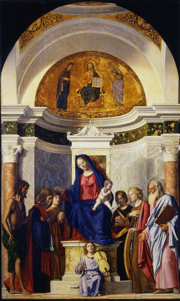 Dziewica z Dzieciątkiem ze świętymi Janem Chrzcicielem, Kosmą i Damianem, Katarzyną i Pawłem, ok. 1506-1507 autorstwa Giovanni Battista Cima da Conegliano