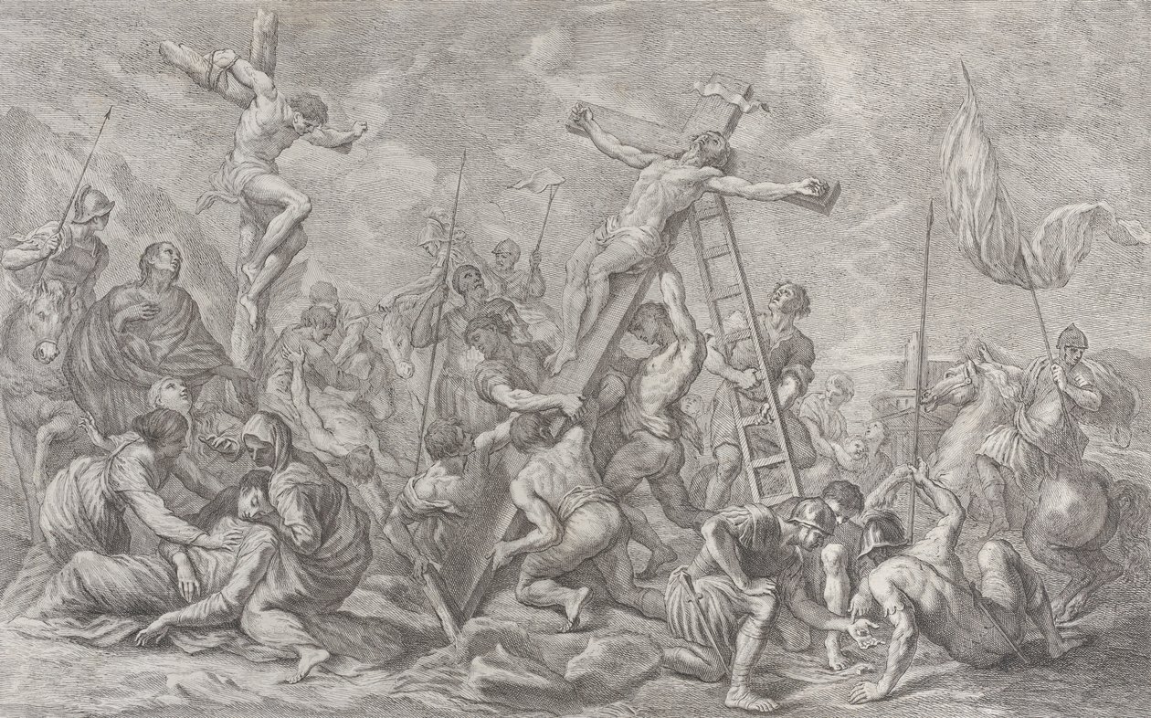 Ukrzyżowanie, z obniżeniem krzyża pośrodku, żołnierzami przez cały czas i krawatem..., 1762. autorstwa Giovanni Battista Cipriani