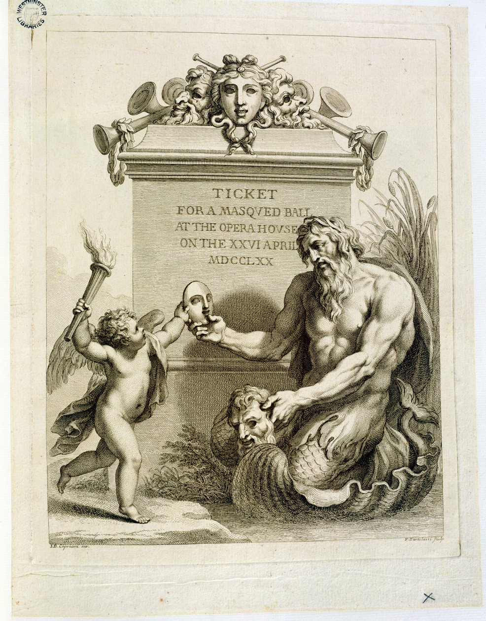 Bilet na Bal Maskowy w Operze 26 kwietnia, rytowany przez Francesco Bartolozzi (1727-1815), 1770 autorstwa Giovanni Battista Cipriani