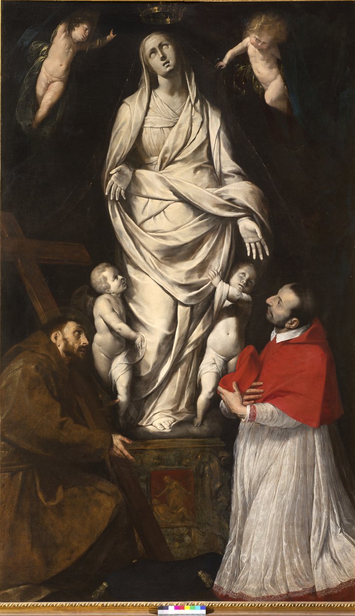 Św. Franciszek i bł. Karol Boromeusz w modlitwie przed figurą Matki Bożej w San Celso w Mediolanie, ok. 1610 autorstwa Giovanni Battista Crespi