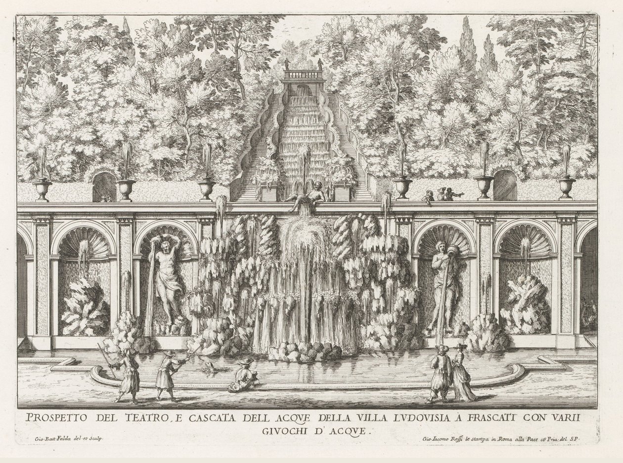 Cascade en Teatro delle Acque in de tuinen van de Villa Torlonia te Frascati Perspektywa teatru i kaskady wodnej Willi Ludovisia (...) (tytuł na obiekcie) Fontanny willi Frascati (tytuł serii) Fonteinen van Frascati (tytuł serii) autorstwa Giovanni Battista Falda