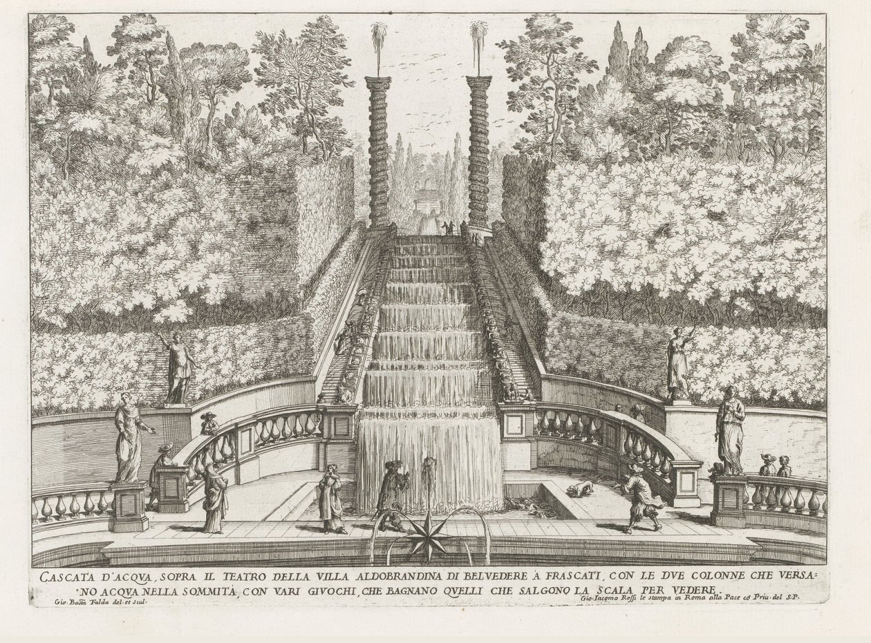 Cascade in de tuinen van de Villa Aldobrandini te Frascati Wodospad nad teatrem Villa Aldobrandina di Belvedere we Frascati (...) (tytuł na obiekcie) Fontanny willi Frascati (tytuł serii) Fonteinen van Frascati (tytuł serii) autorstwa Giovanni Battista Falda