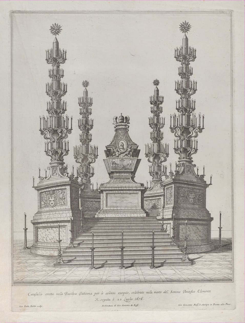 Katafalk dla papieża Klemensa X: centralna konstrukcja wzniesiona na 15 stopniowej platformie, z c..., 1676. autorstwa Giovanni Battista Falda