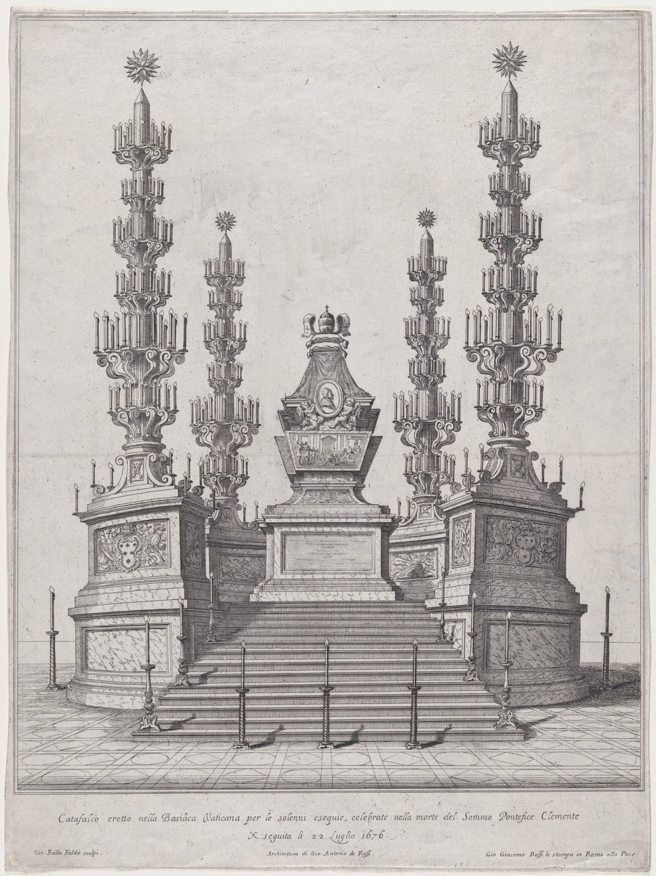 Katafalk dla papieża Klemensa X, centralna konstrukcja na szczycie piętnastostopniowej platformy, z..., 1676. autorstwa Giovanni Battista Falda