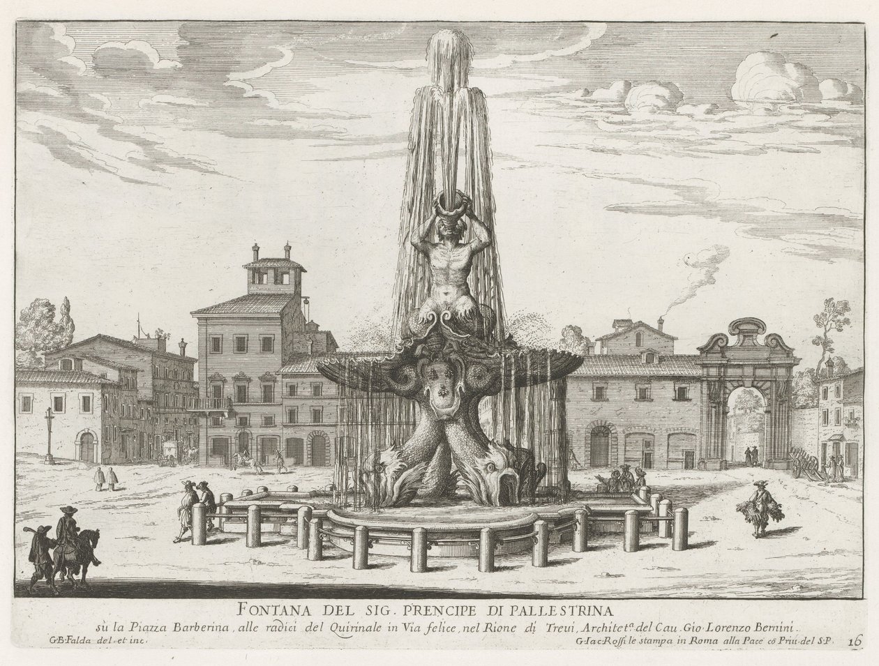 Fontanna Trytona przy Piazza Barberini te Rome Fontanna Pana Prencipe di Pallestrina (tytuł na obiekcie) Fontanny Rzymu (tytuł serii) Fonteinen van Rome (tytuł serii) autorstwa Giovanni Battista Falda