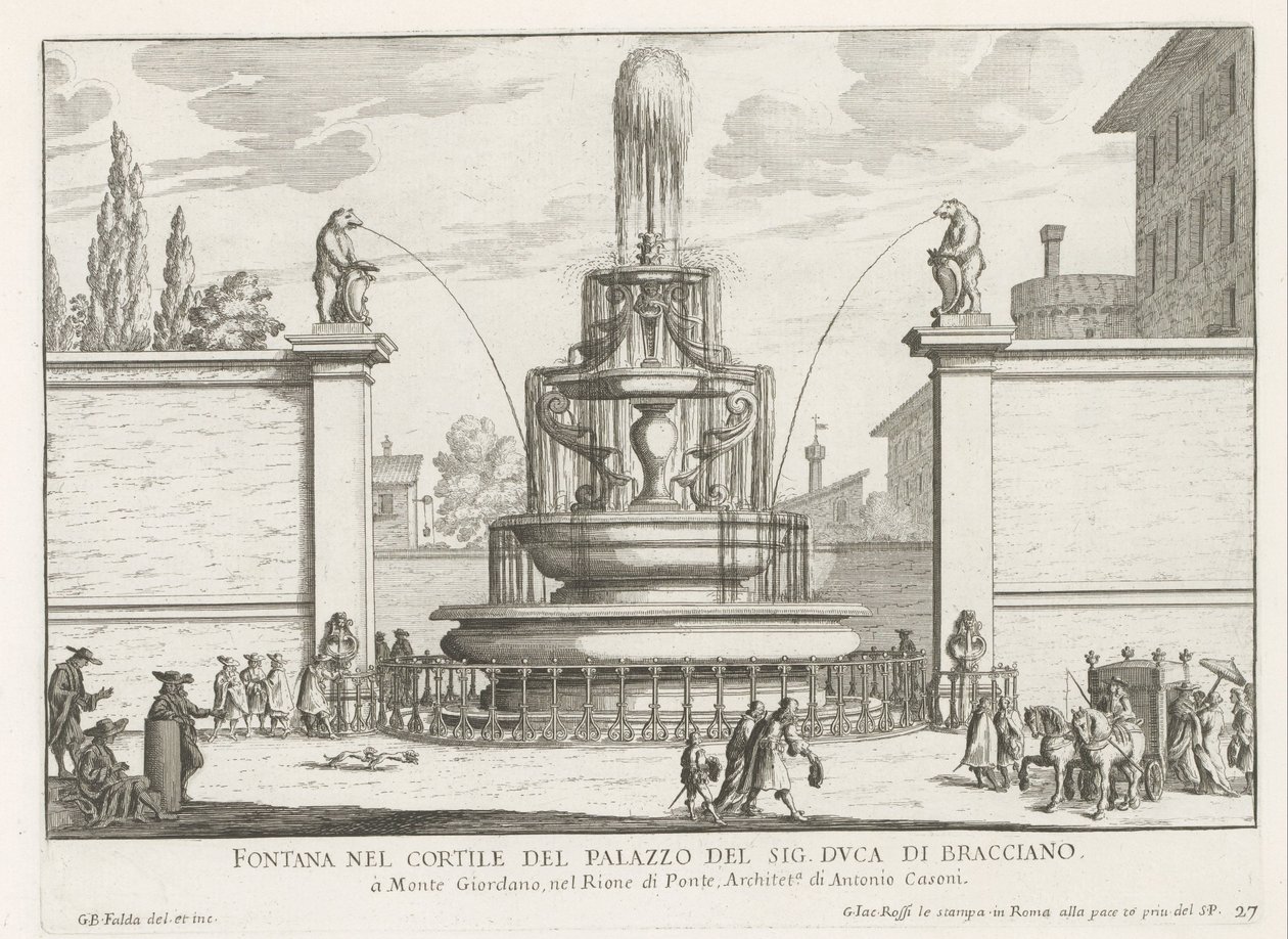 Fontein in de binnenplaats van Palazzo Taverna te Rome Fontanna na dziedzińcu pana książę Bracciano (tytuł na obiekcie) Fontanny Rzymu (tytuł serii) Fonteinen van Rome (tytuł serii) autorstwa Giovanni Battista Falda
