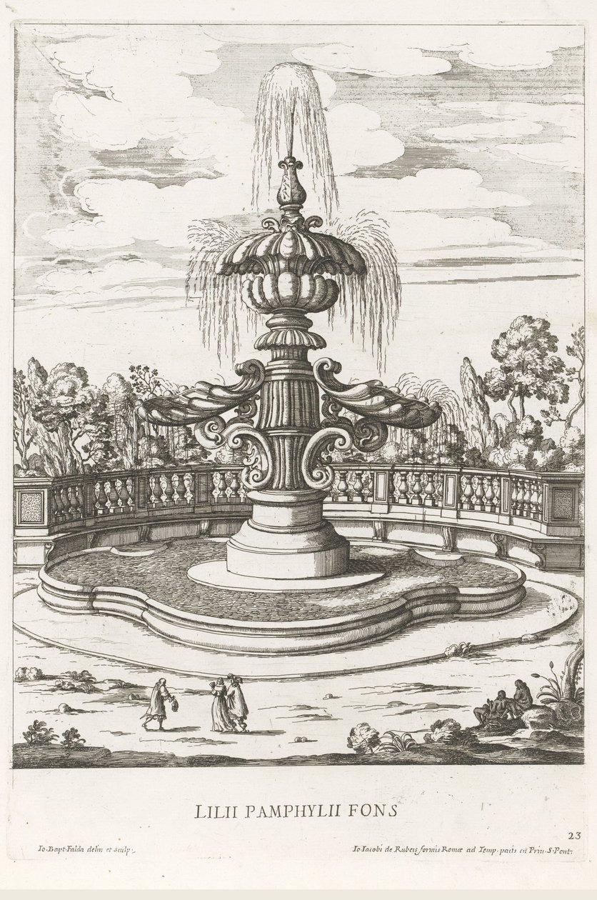 Fontanna w ogrodach Villa Doria Pamphilj w Rzymie Lilii Pamphylii fons (tytuł na obiekcie) Le fontane ne palazzi e ne giardini di Roma (tytuł serii) Fontanny w pałacach i ogrodach Rzymu (tytuł serii) autorstwa Giovanni Battista Falda