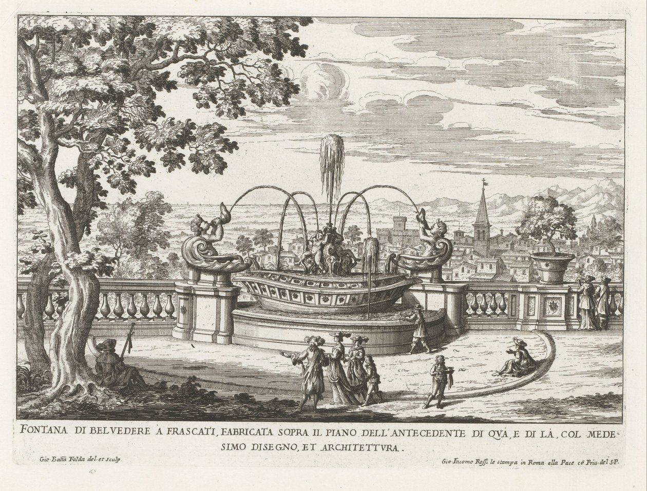 Fontein in de tuinen van de Villa Aldobrandini te Frascati Fontanna Belwederska we Frascati, wybudowana nad posadzką poprzednika po tej stronie (...) (tytuł na obiekcie) Fontanny willi Frascati (tytuł serii) Fonteinen van Frascati (tytuł serii) autorstwa Giovanni Battista Falda
