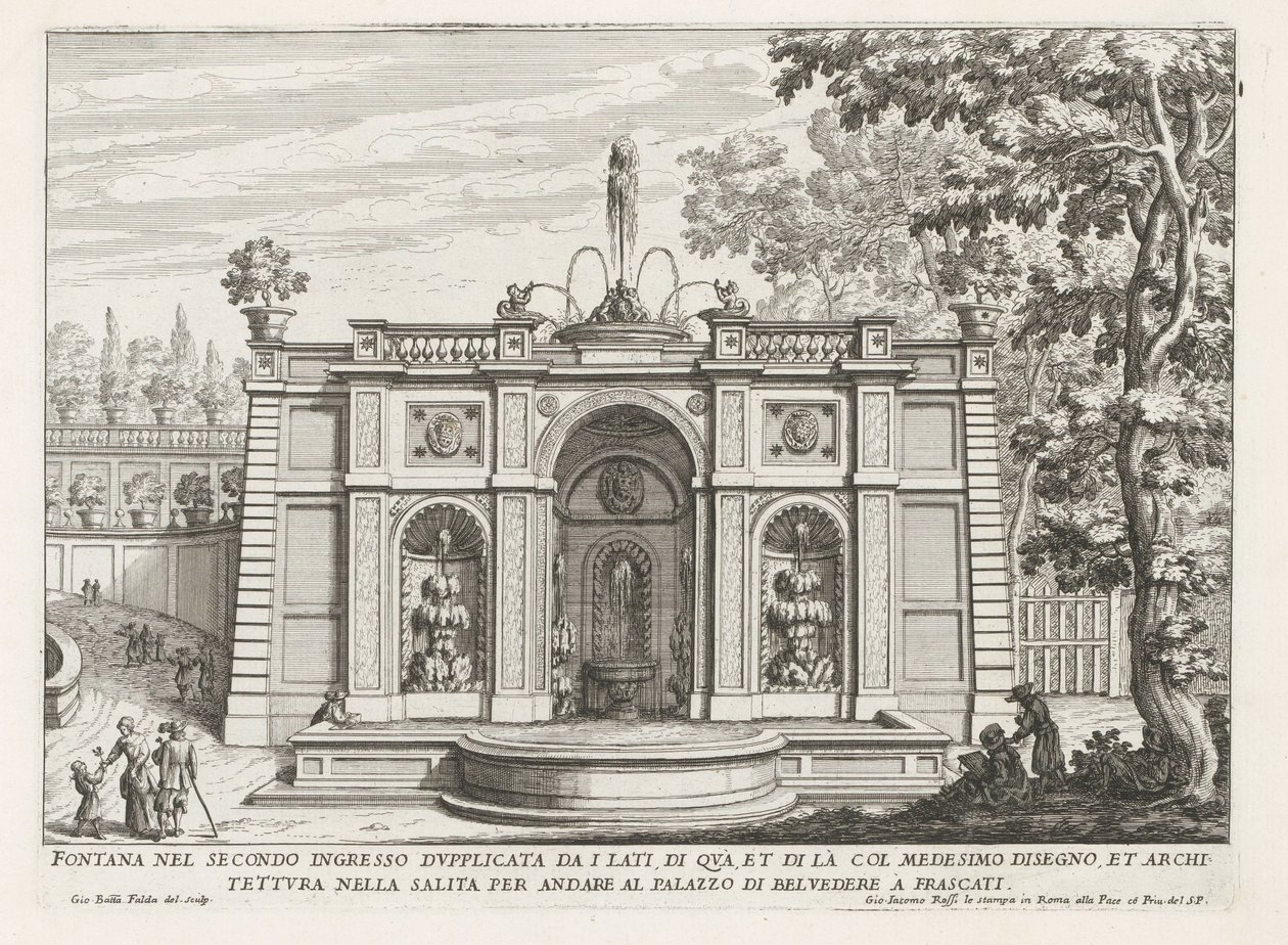 Fontein in de tuinen van de Villa Aldobrandini te Frascati Fontanna w drugim wejściu podwojona z boków (...) (tytuł na obiekcie) Fontanny willi Frascati (tytuł serii) Fonteinen van Frascati (tytuł serii) autorstwa Giovanni Battista Falda