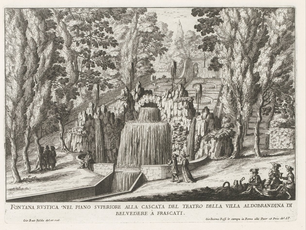 Fontein in de tuinen van de Villa Aldobrandini te Frascati Rustykalna fontanna na piętrze przy wodospadzie teatru (...) (tytuł na obiekcie) Fontanny willi Frascati (tytuł serii) Fonteinen van Frascati (tytuł serii) autorstwa Giovanni Battista Falda