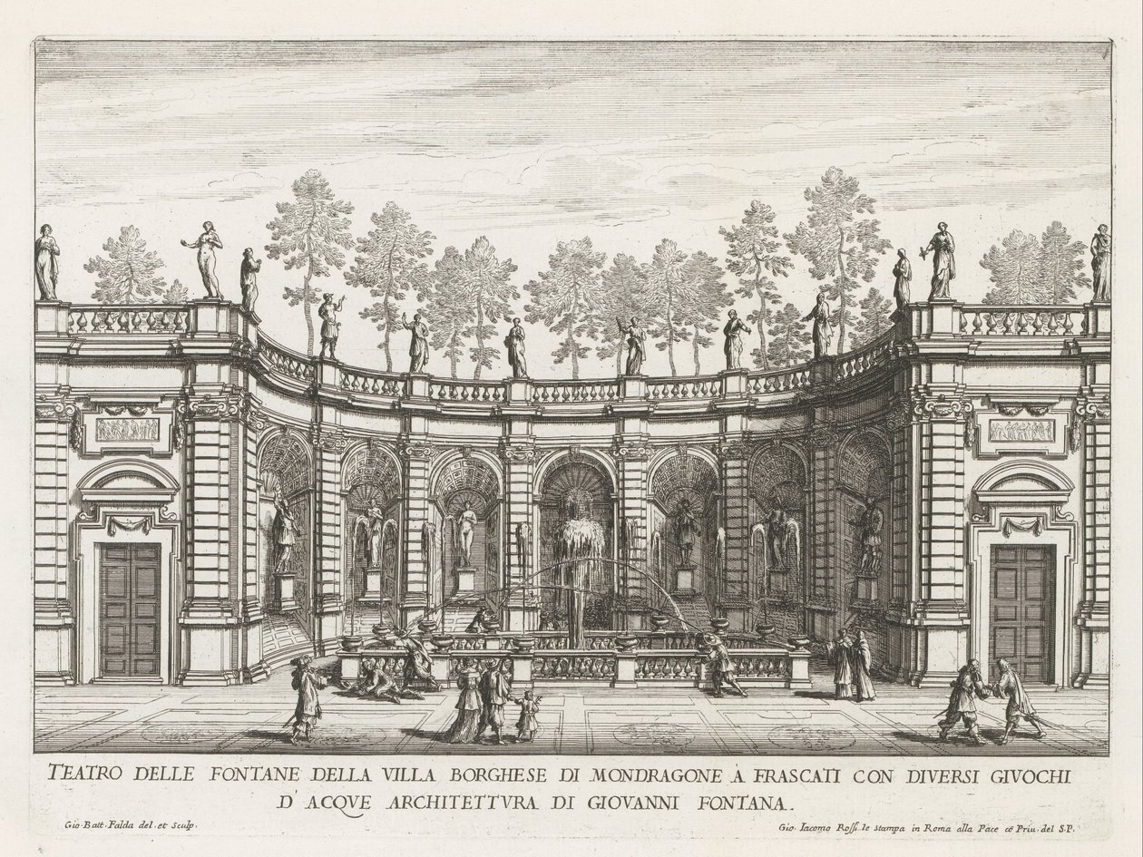 Fontein in de tuinen van de Villa Mondragone te Frascati Teatr fontann Willi Borghese z Mondragone we Frascati (...) (tytuł na obiekcie) Fontanny willi Frascati (tytuł serii) Fonteinen van Frascati (tytuł serii) autorstwa Giovanni Battista Falda