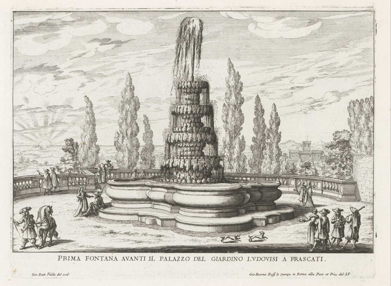 Fontein in de tuinen van de Villa Torlonia te Frascati Pierwsza fontanna przed Palazzo del Giardino Ludovisi we Frascati (tytuł na obiekcie) Fontanny willi Frascati (tytuł serii) Fonteinen van Frascati (tytuł serii) autorstwa Giovanni Battista Falda