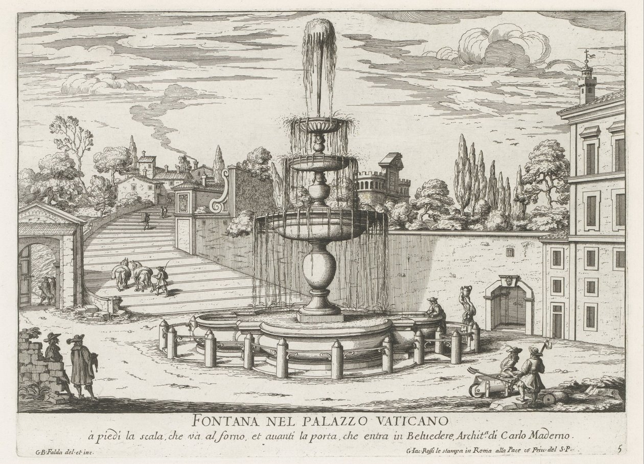 Fontanna w Watykanie Fontana nel Palazzo Vaticano (tytuł na obiekcie) Fontane di Roma (tytuł serii) Fontanny Rzymu (tytuł serii) autorstwa Giovanni Battista Falda