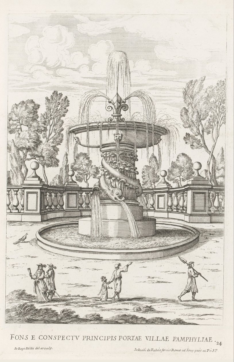 Fontein met dolfijnen in de tuinen van Villa Doria Pamphilj te Rome Fontanna przed bramą książęcą miasta Pamfilia (tytuł na obiekcie) Le fontane ne palazzi e ne giardini di Roma (tytuł serii) Fonteinen in de paleizen en tuinen van Rome (seria titl autorstwa Giovanni Battista Falda