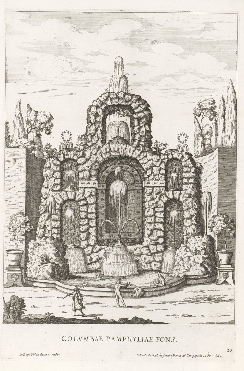 Fontanna z gołębiami w ogrodach Villa Doria Pamphilj w Rzymie Columbae Pamphyliae fons (tytuł na obiekcie) Le fontane ne palazzi e ne giardini di Roma (tytuł serii) Fontanny w pałacach i ogrodach Rzymu (tytuł serii) autorstwa Giovanni Battista Falda