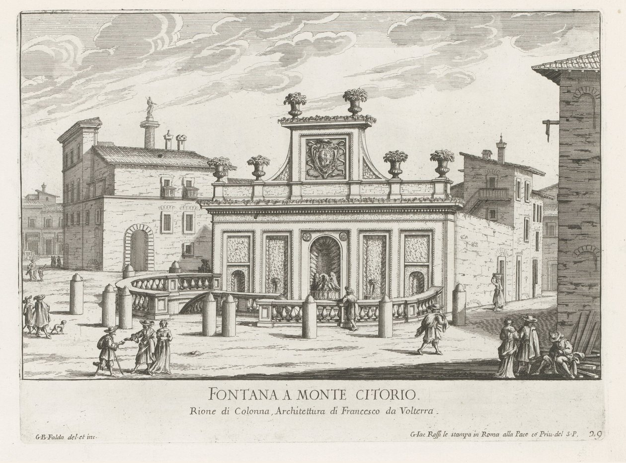 Fontein na Piazza Montecitorio te Rome Fontana a Monte Citorio (tytuł na obiekcie) Fontane di Roma (tytuł serii) Fonteinen van Rome (tytuł serii) autorstwa Giovanni Battista Falda
