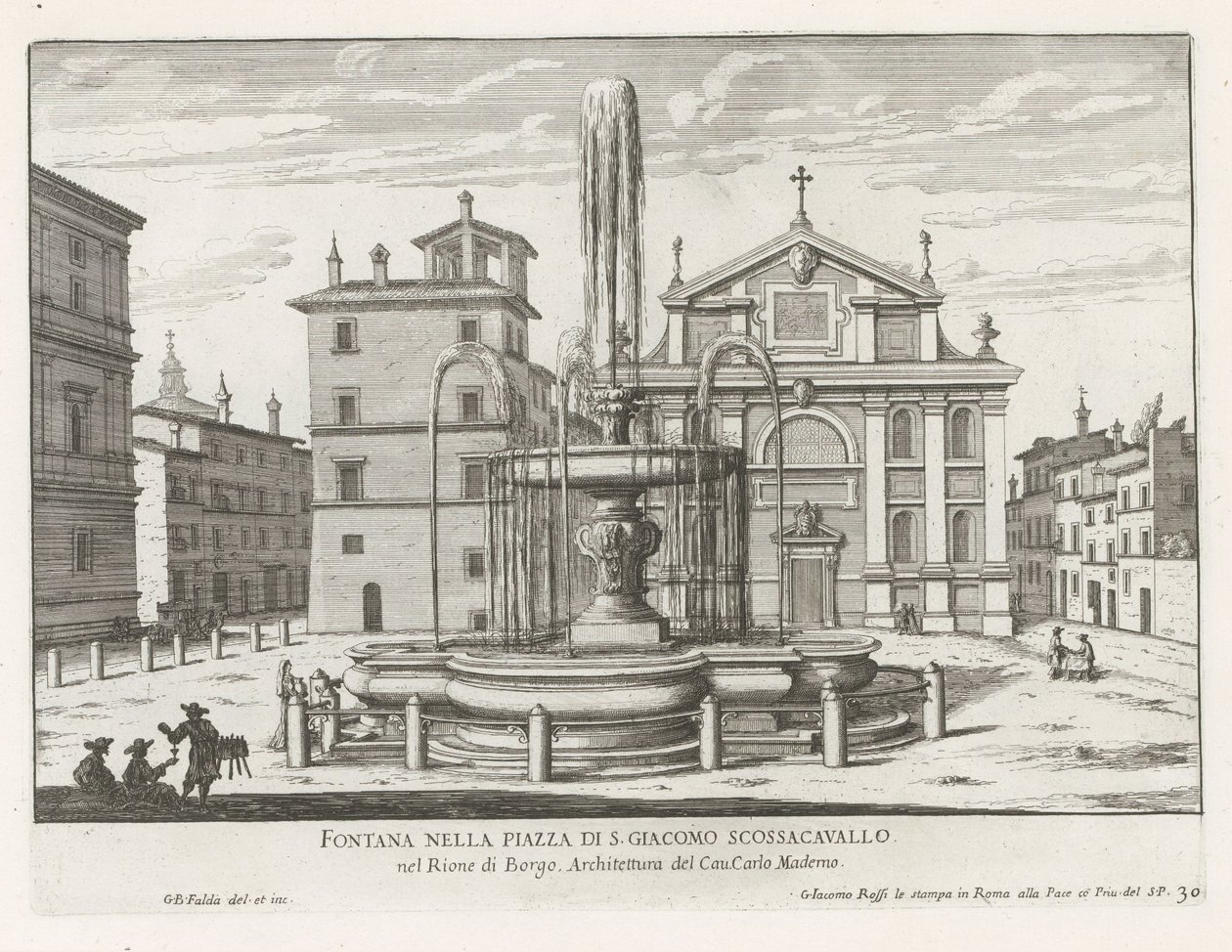 Fontein na Piazza Scossacavalli te Rome Fontanna na Piazza di S. Giacomo Scossacavallo (tytuł na obiekcie) Fontanny Rzymu (tytuł serii) Fonteinen van Rome (tytuł serii) autorstwa Giovanni Battista Falda