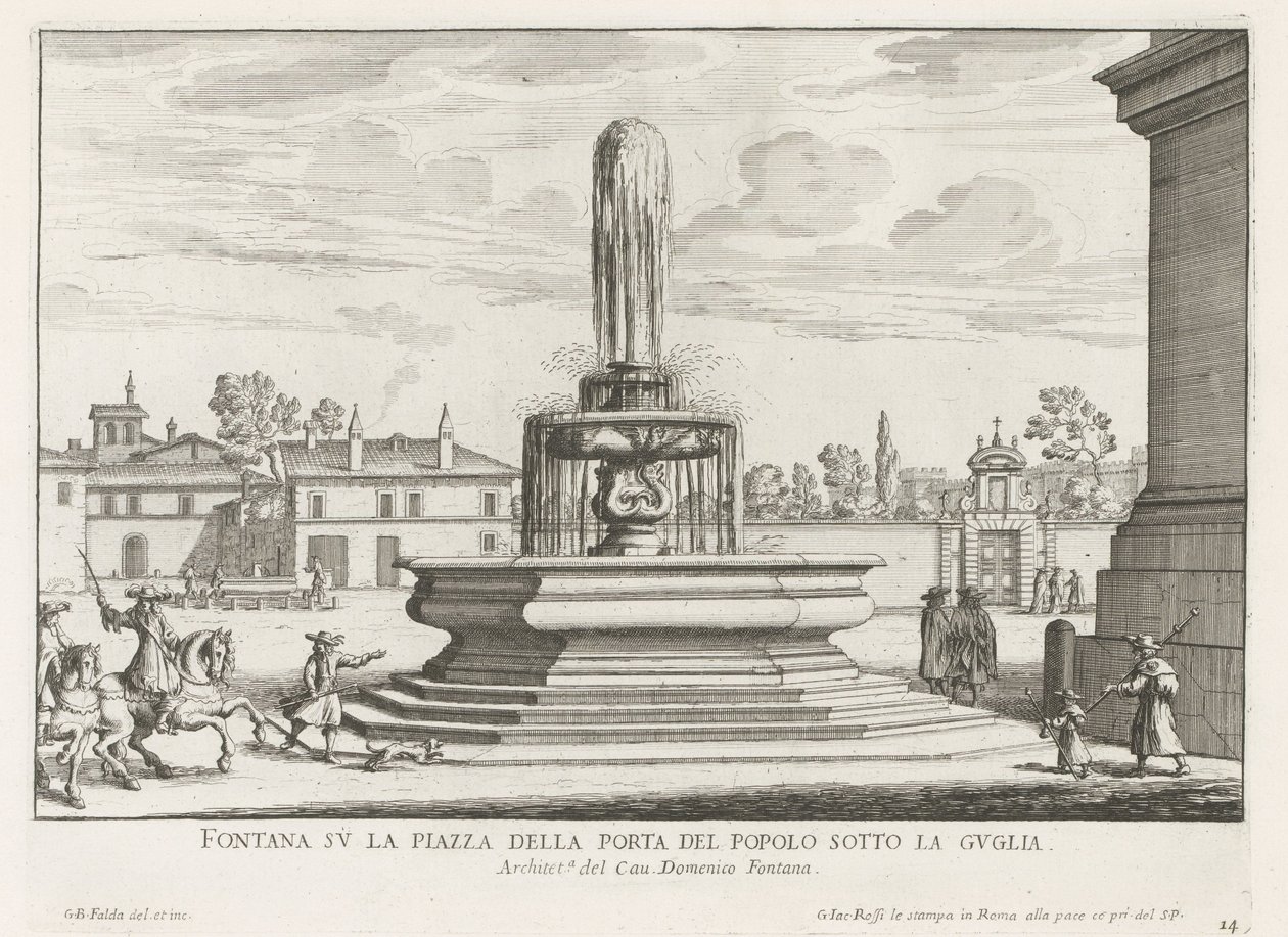 Fontein na Piazza del Popolo w Rzymie Fontanna na Piazza della Porta del Popolo pod iglicą (tytuł na obiekcie) Fontanny Rzymu (tytuł serii) Fonteinen van Rome (tytuł serii) autorstwa Giovanni Battista Falda