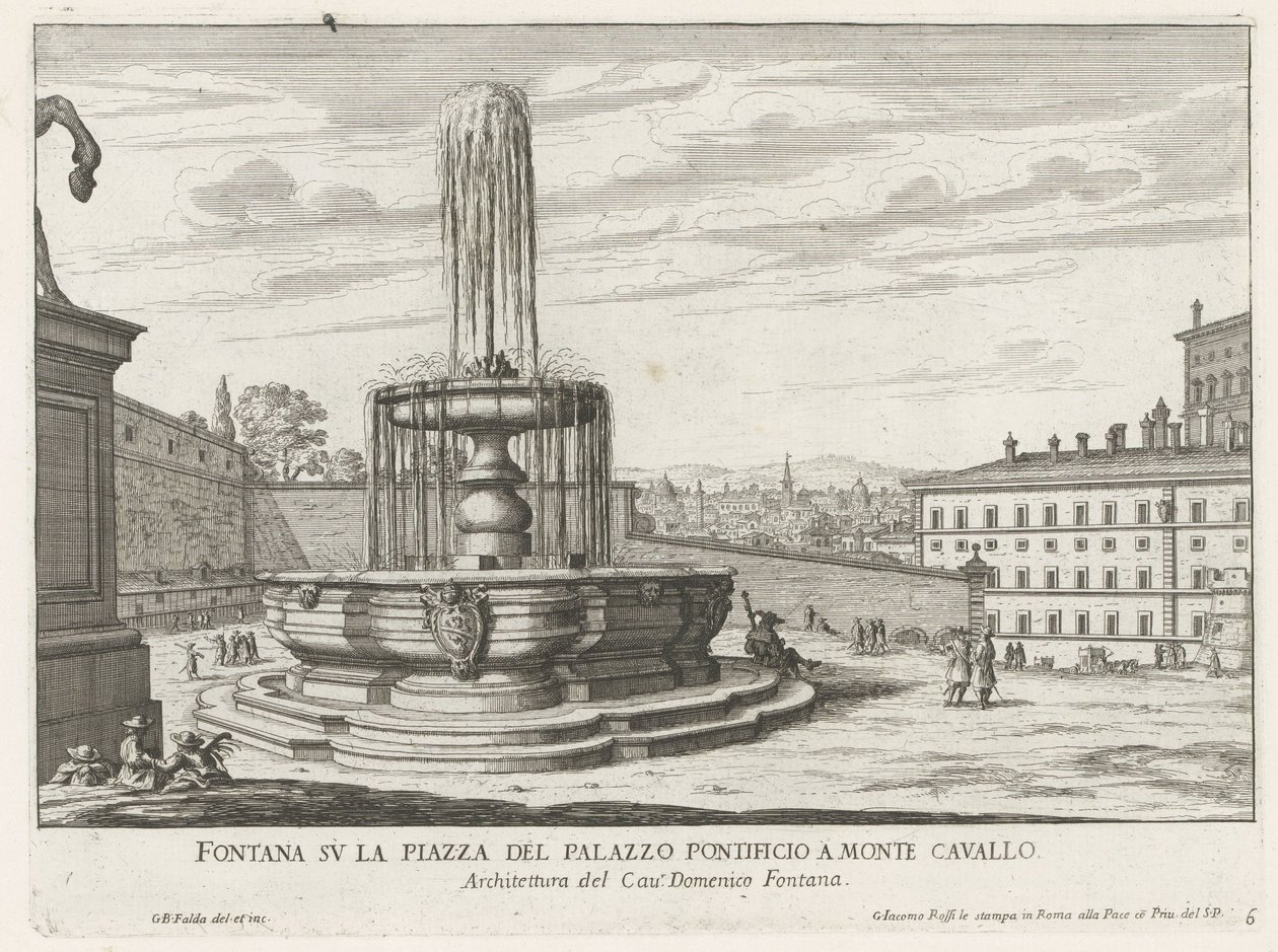 Fontein na Piazza del Quirinale w Rzymie Fontanna na placu Pałacu Papieskiego na Monte Cavallo (tytuł na obiekcie) Fontanny Rzymu (tytuł serii) Fonteinen van Rome (tytuł serii) autorstwa Giovanni Battista Falda