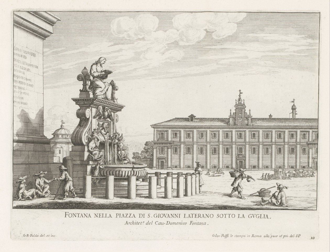 Fontein op Piazza di San Giovanni in Laterano te Rome Fontanna na Piazza di S. Giovanni Laterano pod iglicą (tytuł na obiekcie) Fontanny Rzymu (tytuł serii) Fonteinen van Rome (tytuł serii) autorstwa Giovanni Battista Falda