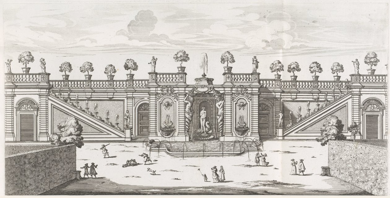 Fontanna Wenus w ogrodach Villa Doria Pamphilj w Rzymie Fons Veneris (tytuł na obiekcie) Le fontane ne palazzi e ne giardini di Roma (tytuł serii) Fontanny w pałacach i ogrodach Rzymu (tytuł serii) autorstwa Giovanni Battista Falda
