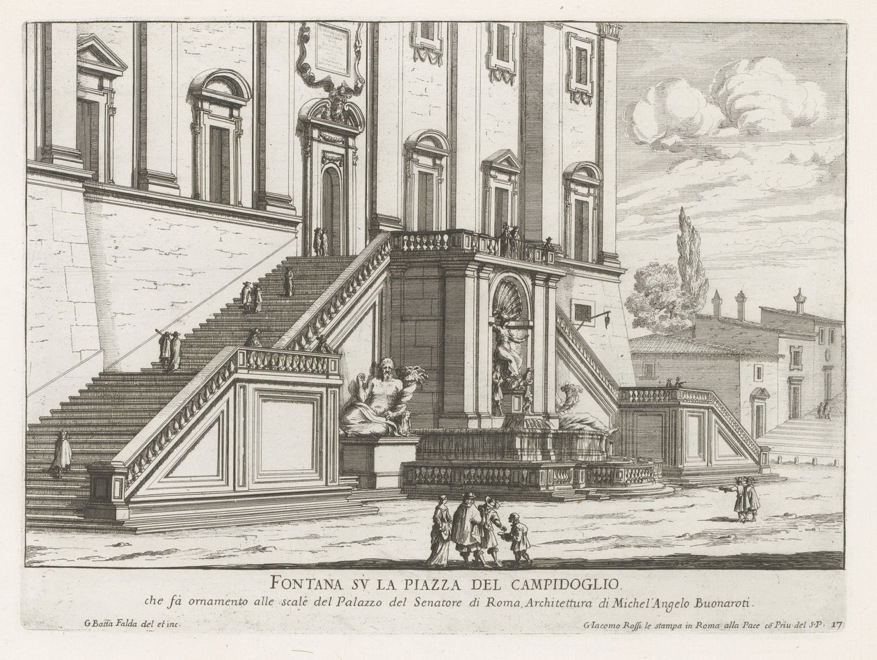 Fontanna przed Palazzo Senatorio na Kapitolu w Rzymie Fontana su la Piazza del Campidoglio (tytuł na obiekcie) Fontane di Roma (tytuł serii) Fontanny Rzymu (tytuł serii) autorstwa Giovanni Battista Falda