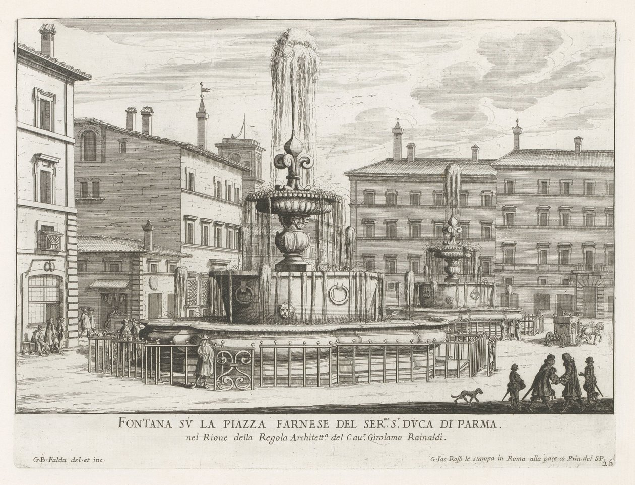 Fonteinen na Piazza Farnese te Rome Fontanna na Piazza Farnese ser.mo s.r Duca di Parma (tytuł na obiekcie) Fontanny Rzymu (tytuł serii) Fonteinen van Rome (tytuł serii) autorstwa Giovanni Battista Falda