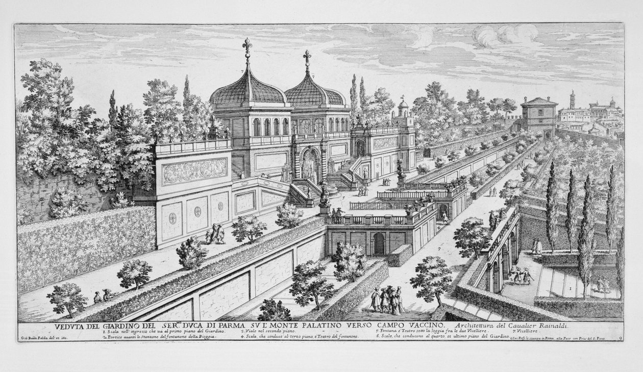 Ogród księcia Parmy na Palatynie, w kierunku Campo Vaccino w Rzymie, z „Il Nuovo Teatro della Fabriche et Buildings in Perspective of Modern Rome”, opublikowany ok. 1665-69 autorstwa Giovanni Battista Falda