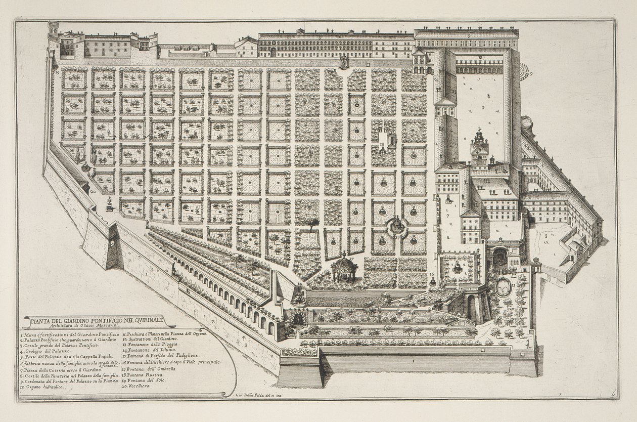 Papieski ogród i pałac na Kwirynale, z Il Nuovo Teatro della Fabriche et Buildings in Perspective of Modern Rome, opublikowane ok. 1665-69 (patrz także 172928) autorstwa Giovanni Battista Falda
