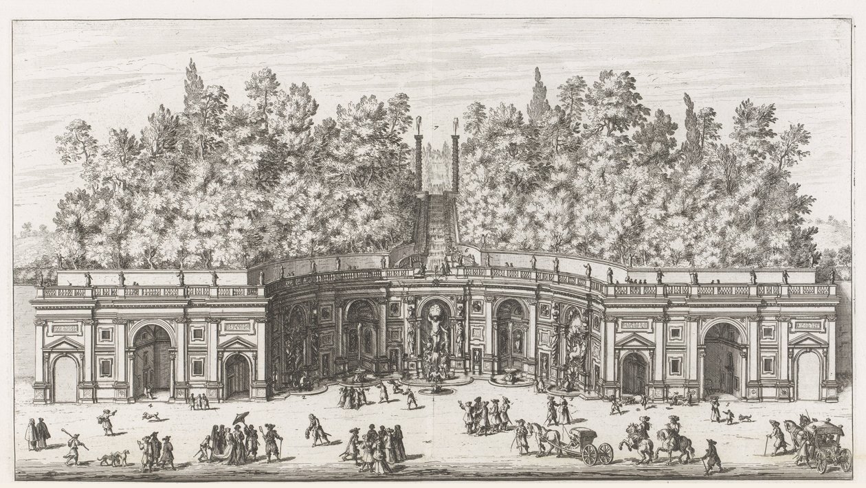 Teatr wód in de tuinen van de Villa Aldobrandini te Frascati Widok i elewacja wielkiego teatru wodnego Willi Aldobrandina (...) (tytuł na obiekcie) Fontanny willi Frascati (tytuł serii) Fonteinen van Frascati (tytuł serii) autorstwa Giovanni Battista Falda