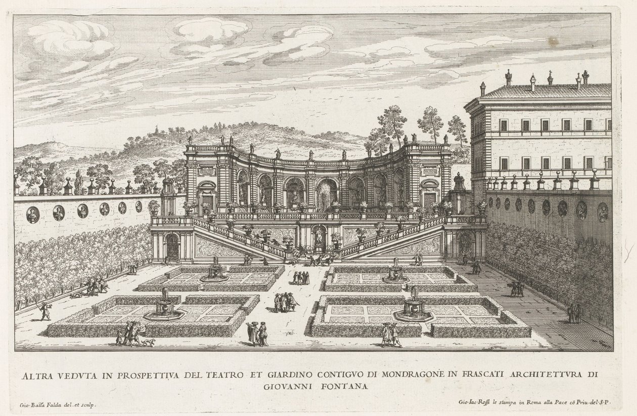 Tuinen van de Villa Mondragone te Frascati Inny widok perspektywiczny teatru i przyległego ogrodu (...) (tytuł na obiekcie) Fontanny willi Frascati (tytuł serii) Fonteinen van Frascati (tytuł serii) autorstwa Giovanni Battista Falda