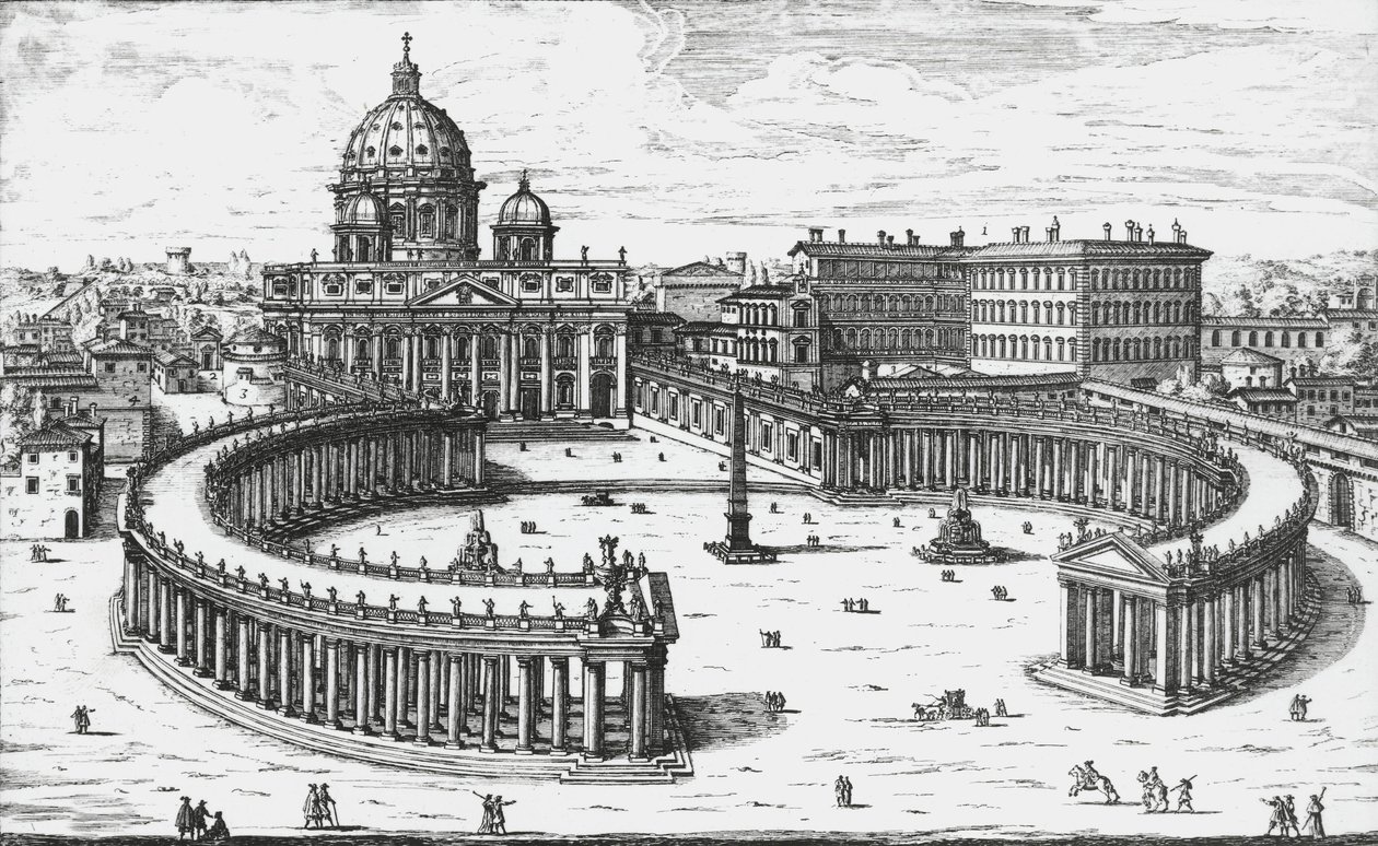 Watykan, Widok na Piazza San Pietro z Bazyliką Świętego Piotra i Pałacami Watykańskimi, rycina Giovanni Battista Falda. 1665 autorstwa Giovanni Battista Falda