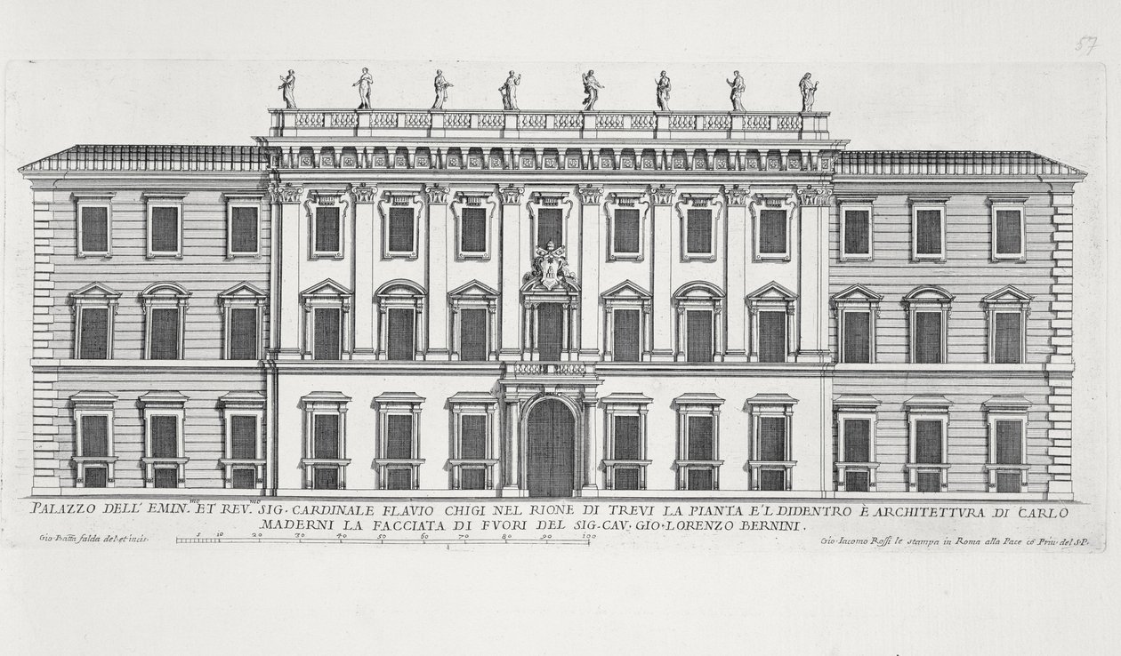 Widok fasady Palazzo Chigi w Rzymie projektu Matteo di Castello, Carlo Maderno (1556-1629) i Giovanniego Berniniego (1598-1680) autorstwa Giovanni Battista Falda