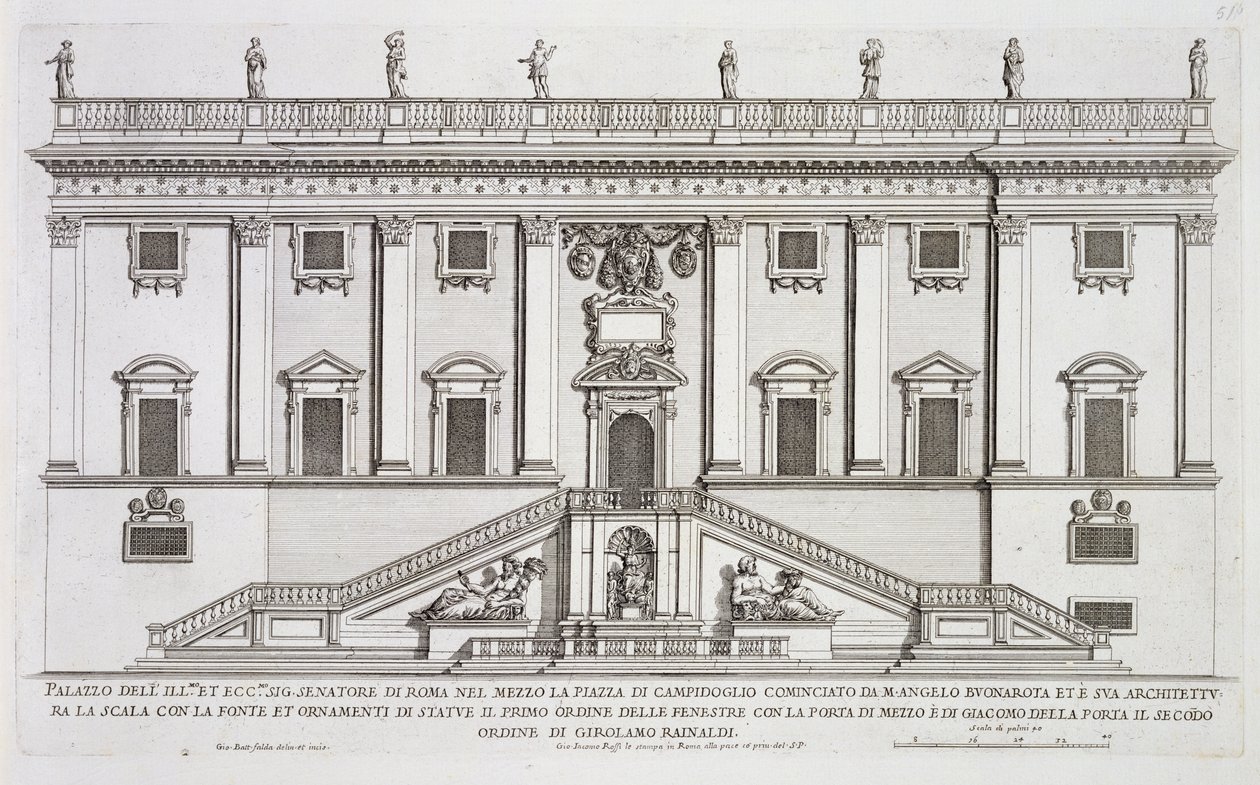 Widok fasady Palazzo Senatorio na Piazza del Campidoglio w Rzymie, rozpoczęty przez Michała Anioła Buonarrotiego (1475-1564) i ukończony przez Girolamo Rainaldi (1570-1655) autorstwa Giovanni Battista Falda