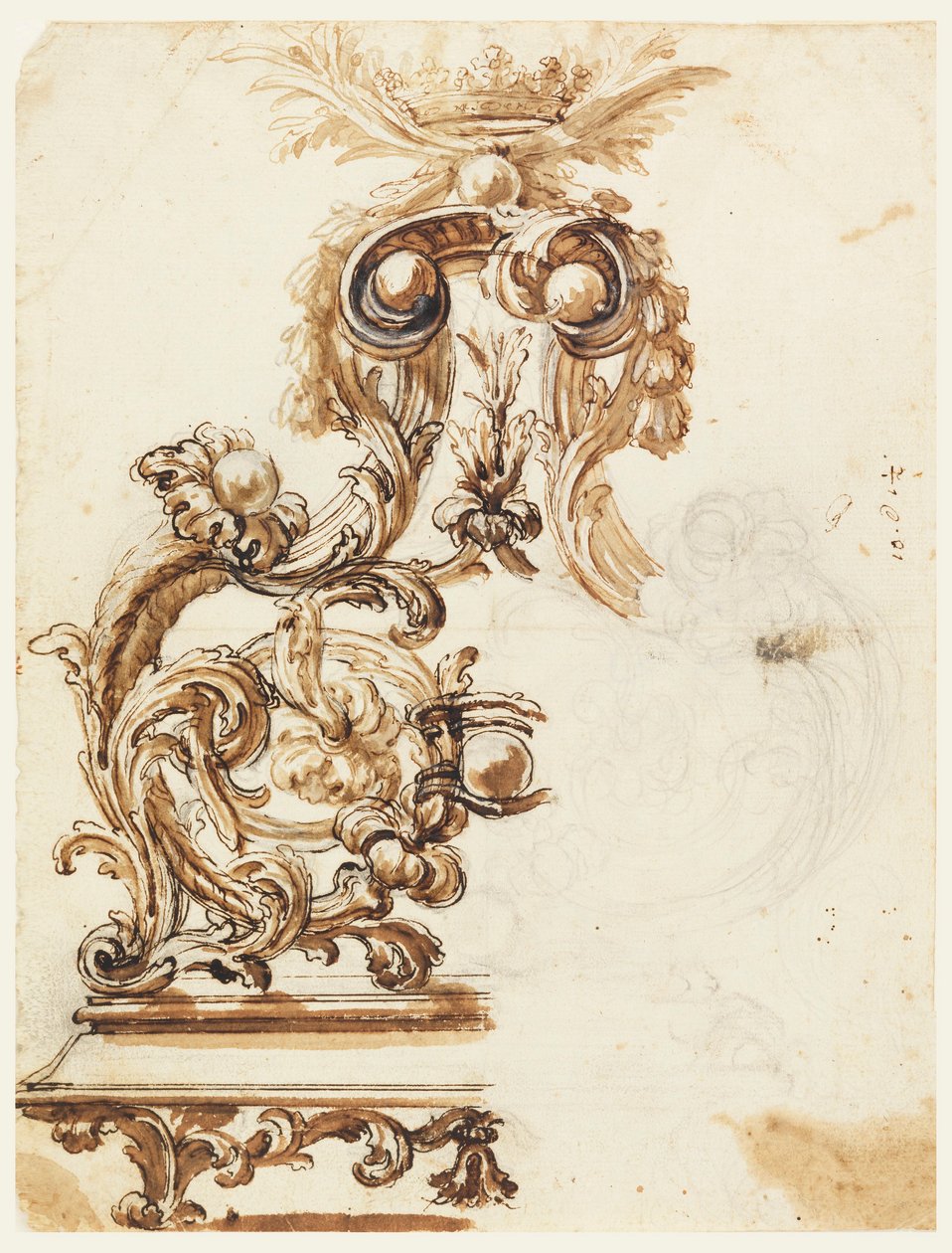 Rysunek, projekt ornamentu z pozłacanego brązu, 1680-1700 autorstwa Giovanni Battista Foggini