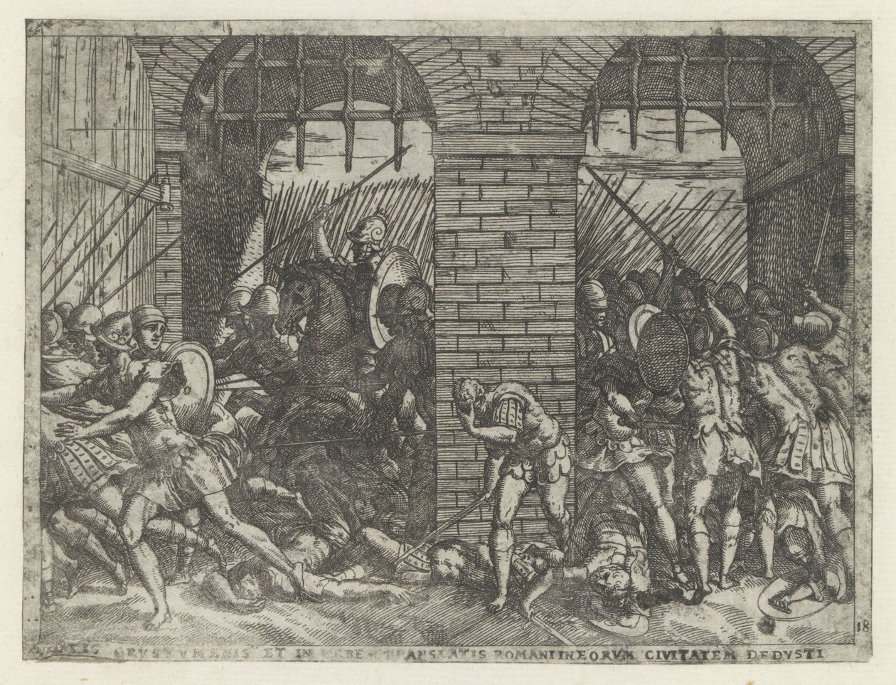 Romeinse soldaten vallen Crustumerium binnen Ofiara Crustumeni (...) pozbawiona obywatelstwa (tytuł na przedmiocie) Leven van Romulus en Remus (tytuł serii) autorstwa Giovanni Battista Fontana