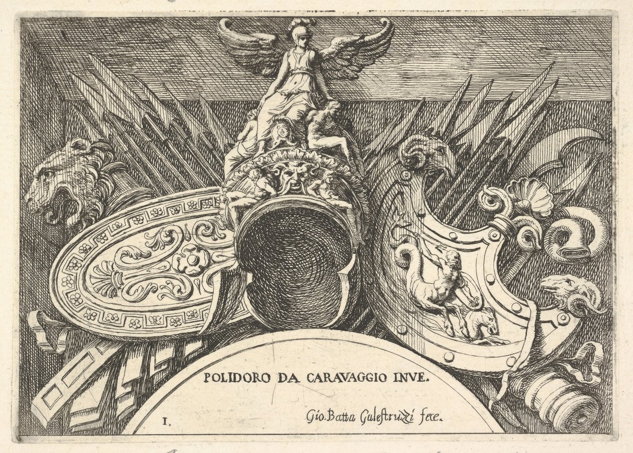 Tablica 1: trofea broni rzymskiej z dekoracji nad oknami na II piętrze ..., 1656-58. autorstwa Giovanni Battista Galestruzzi