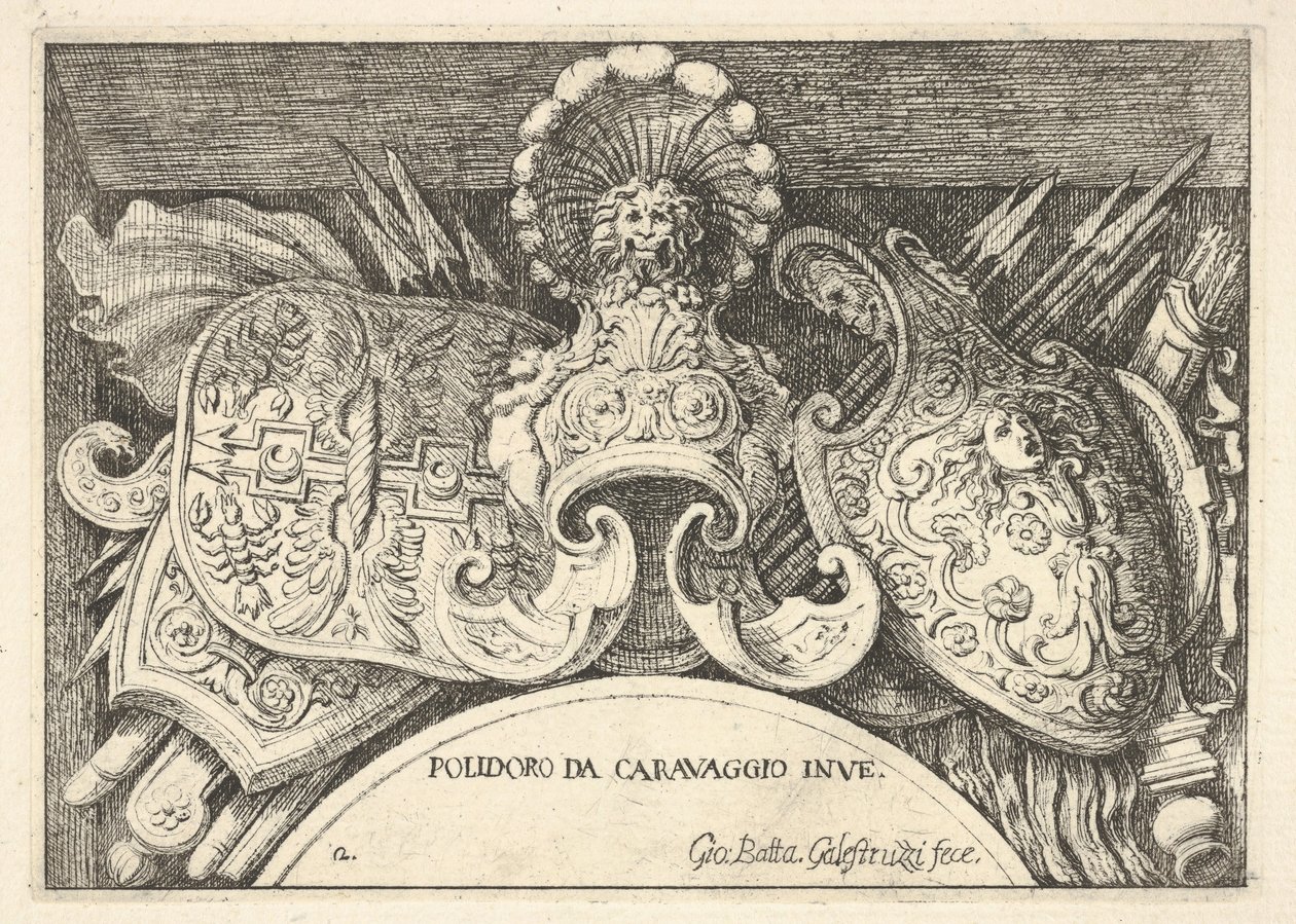 Tablica 2: trofea broni rzymskiej z dekoracji nad oknami na II piętrze..., 1656-58. autorstwa Giovanni Battista Galestruzzi